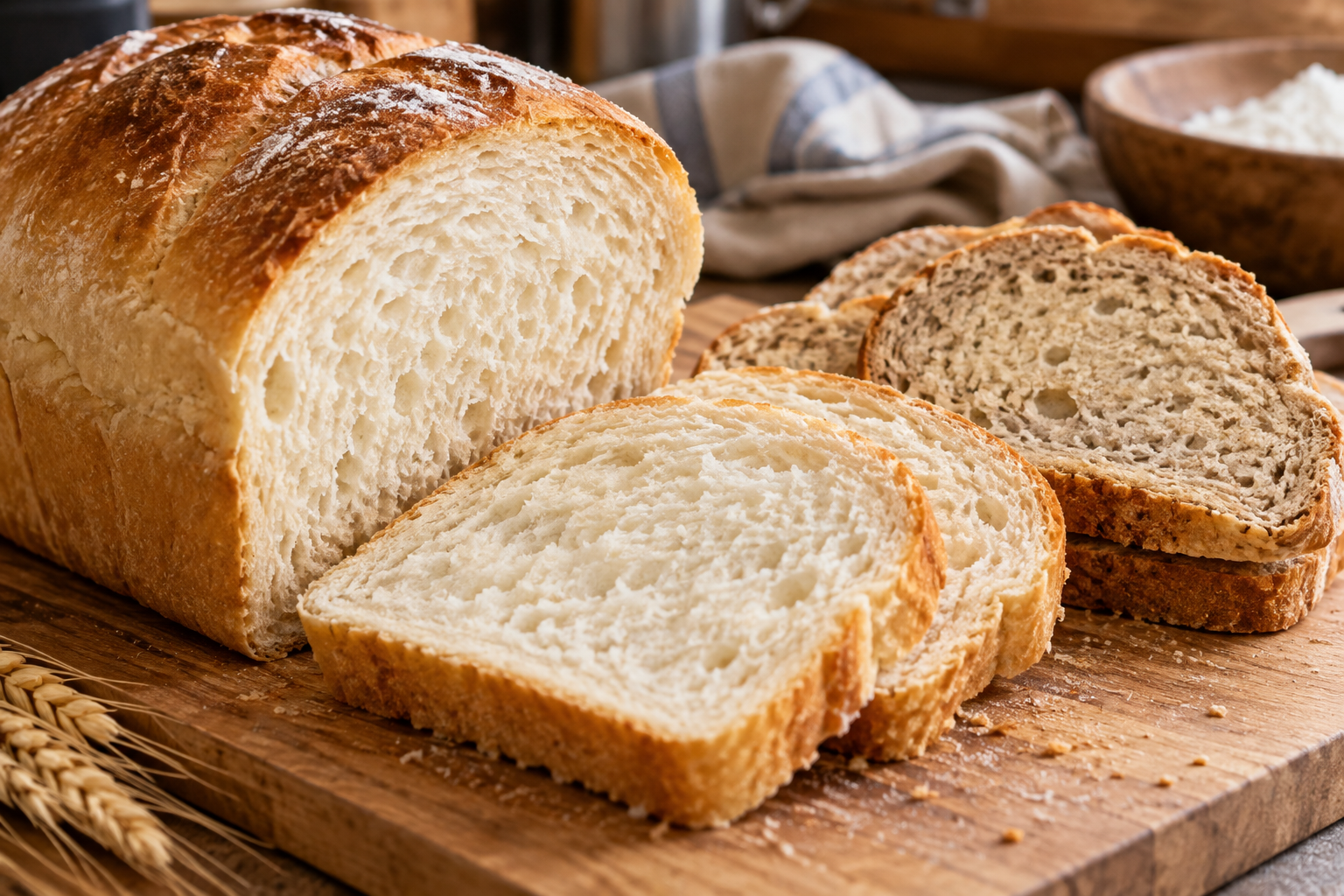 Fresh and stale bread showing changes in texture and crumb