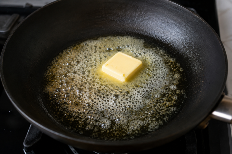Butter melting and browning in a hot skillet