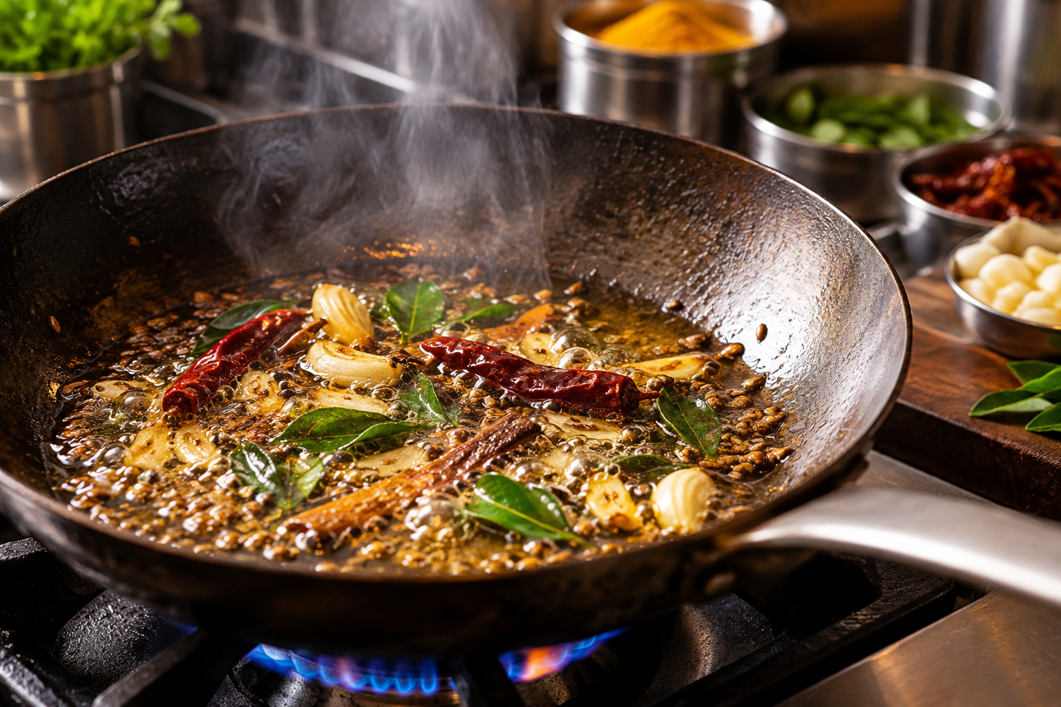 Restaurant food aroma from toasted spices cooking in hot oil