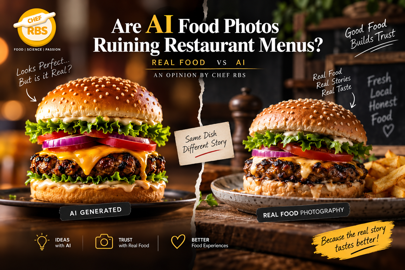 AI food photos versus real food photography for restaurant menus