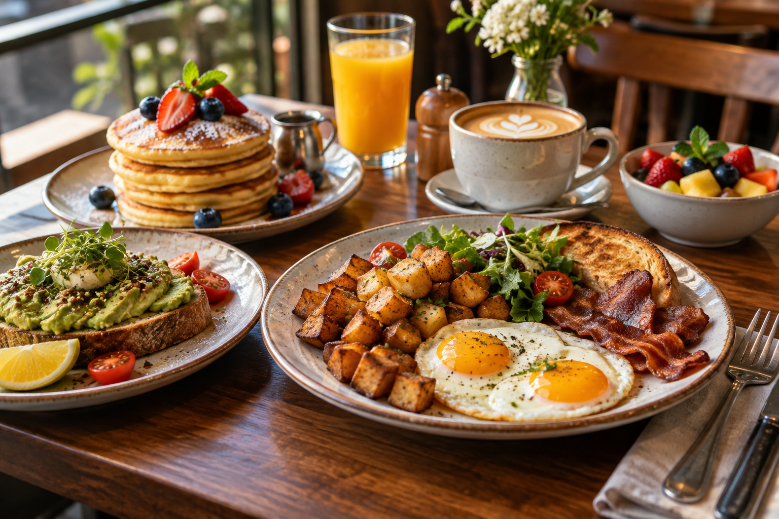 American brunch spread with pancakes, eggs, crispy potatoes, avocado toast and coffee at a restaurant
