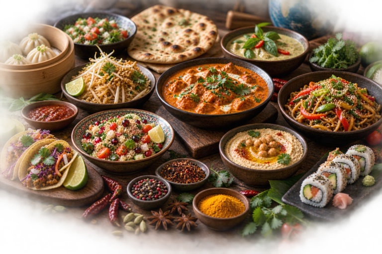 Global flavors and international dishes representing modern food trends