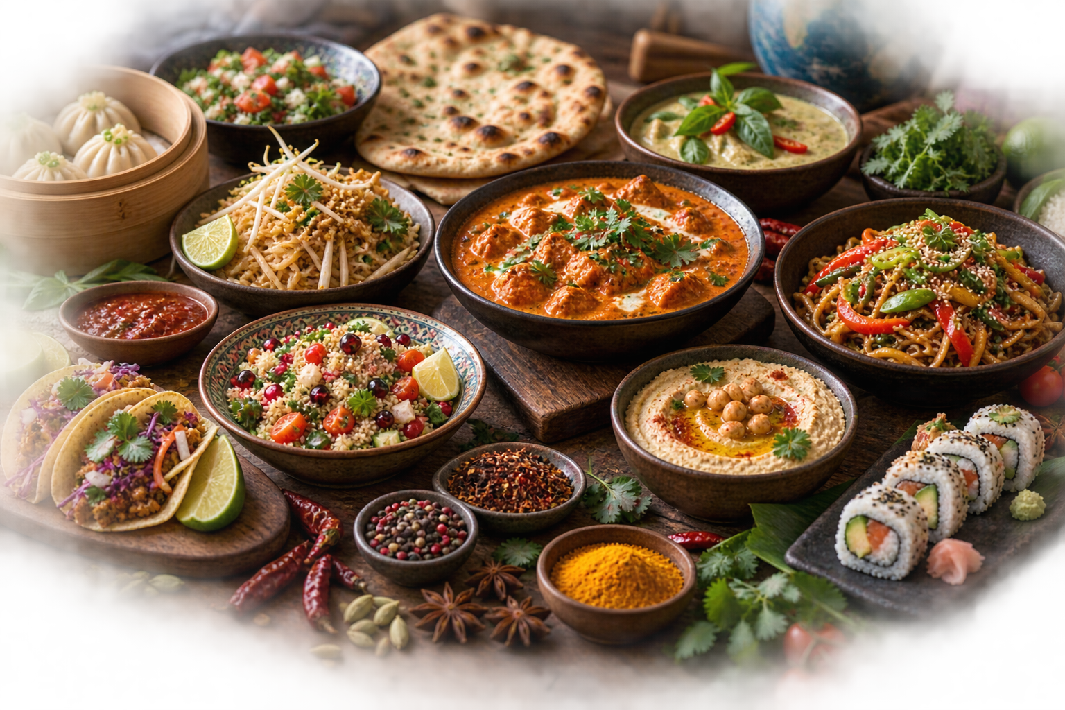Global flavors and international dishes representing modern food trends