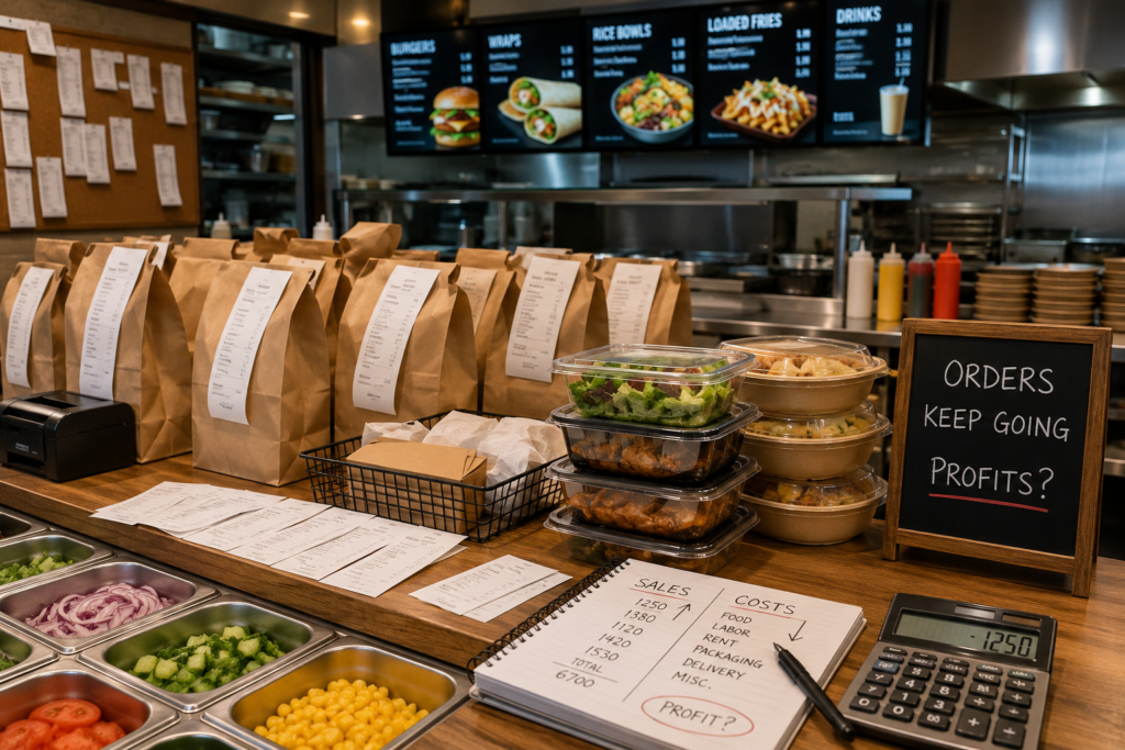 Busy QSR restaurant counter with takeaway orders, ingredients and food cost calculations