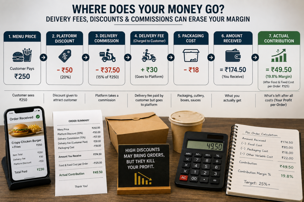 Restaurant delivery order showing discounts, commissions, packaging costs and profit margin