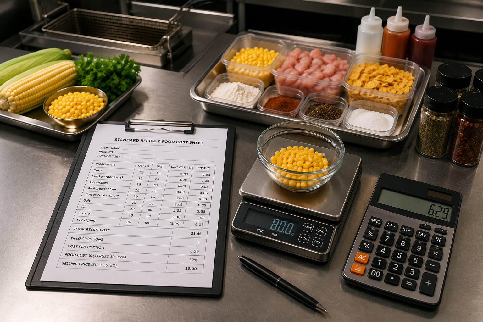 Restaurant food cost calculation with standardized recipe and measured ingredients