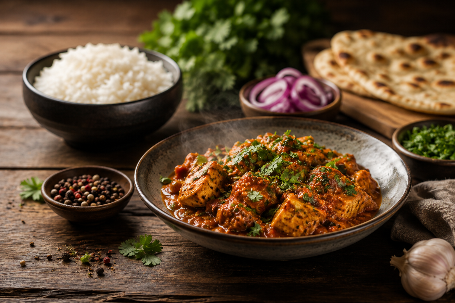 Restaurant-style dish with rich sauce, fresh herbs and spices