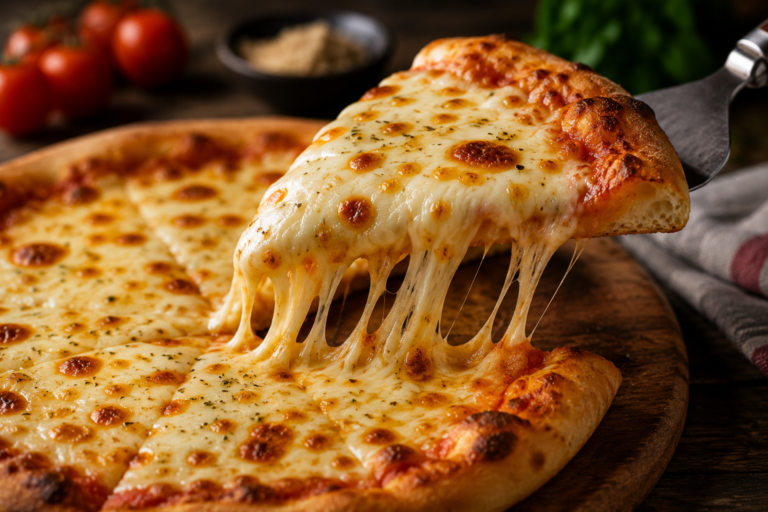 Melted mozzarella cheese stretching from a hot pizza