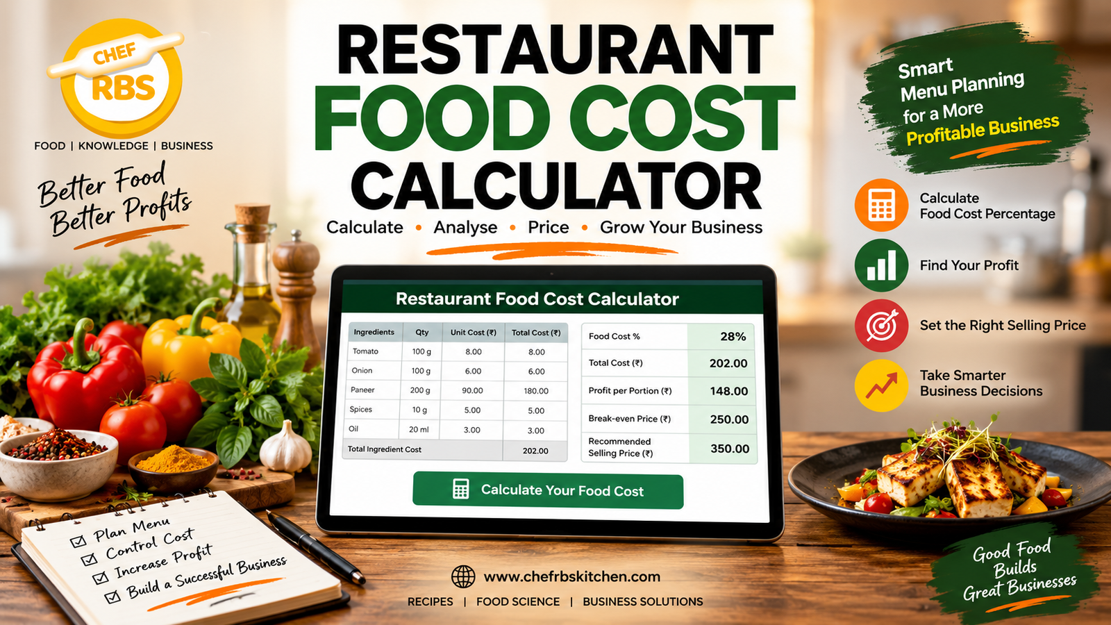 Restaurant food cost calculator for calculating food cost, pricing and profit