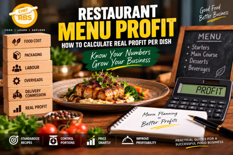 Restaurant menu profit calculator showing food cost, labour, packaging, overhead and delivery costs