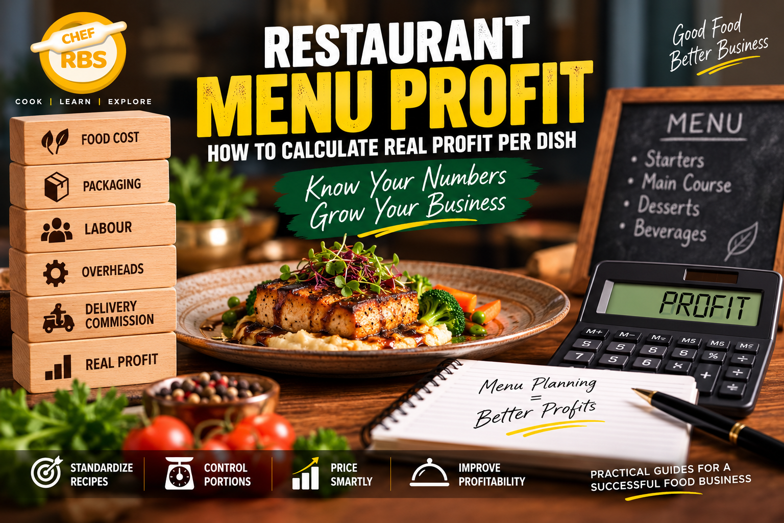 Restaurant menu profit calculator showing food cost, labour, packaging, overhead and delivery costs