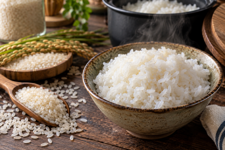 Sticky cooked rice in a bowl with uncooked rice grains and rice stalks on a rustic wooden table