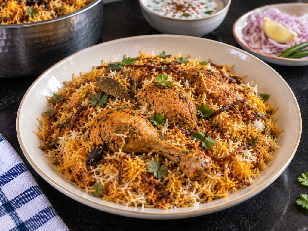 Hyderabadi chicken biryani with fluffy basmati rice and fried onions