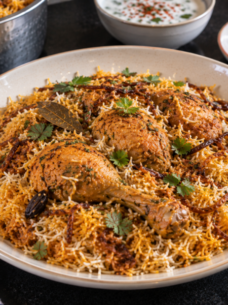 Hyderabadi chicken biryani with fluffy basmati rice and fried onions