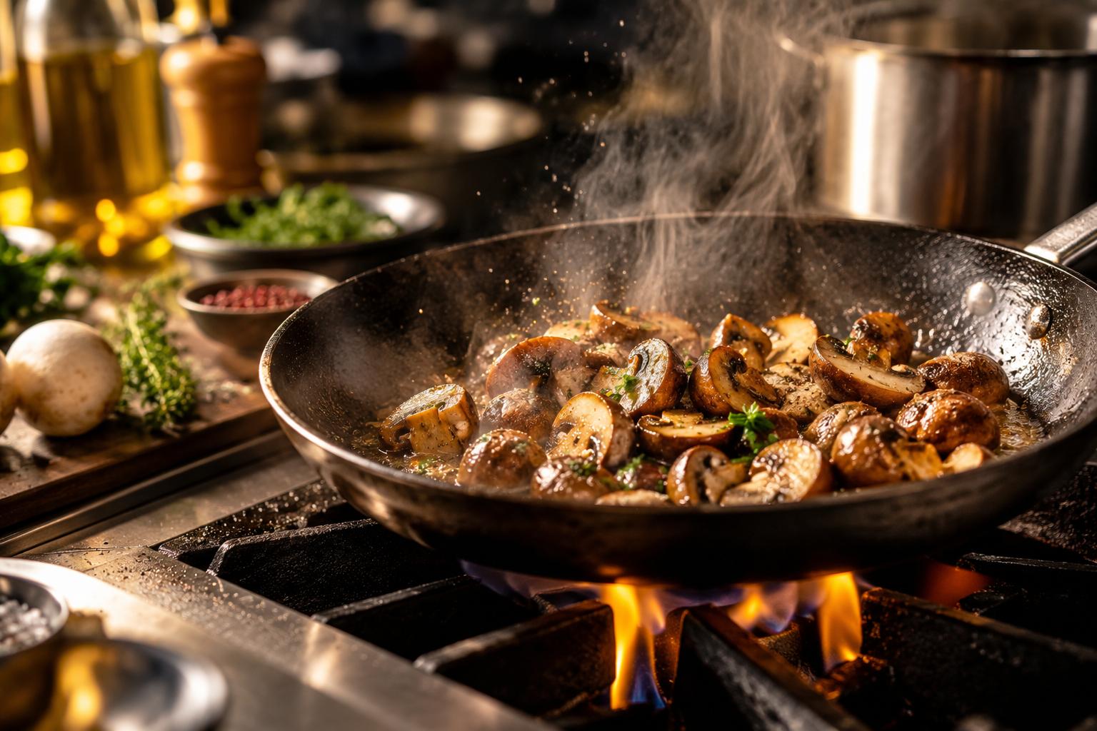 Professional chef cooking browned mushrooms in a hot pan