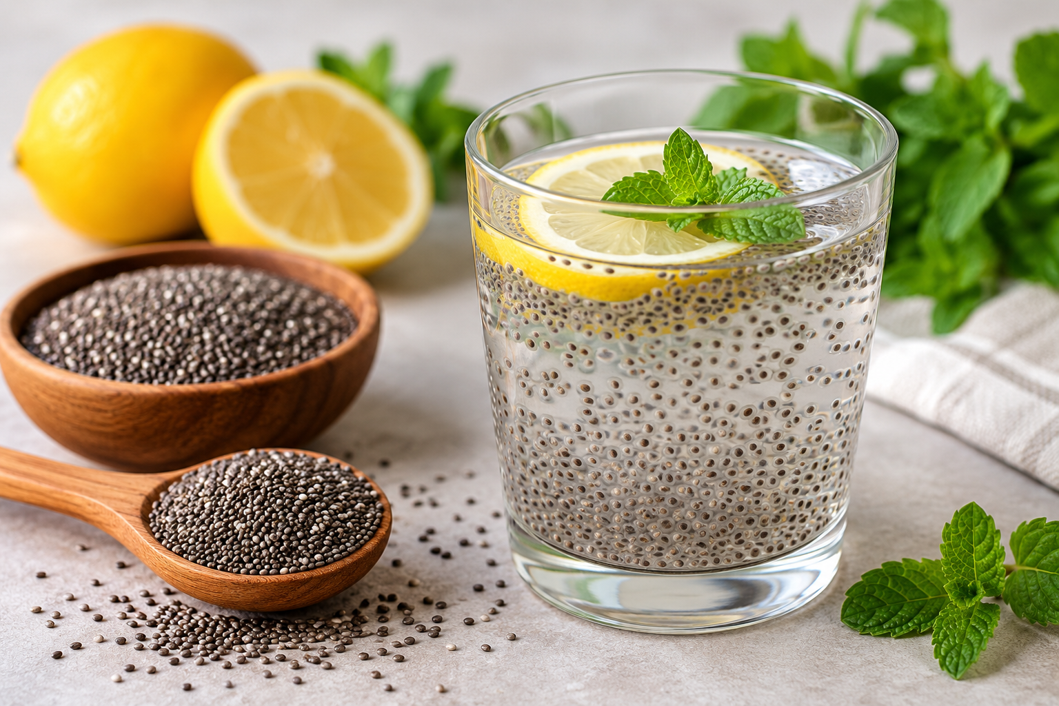 Chia seed water with lemon and chia seeds