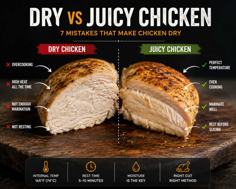 Dry vs juicy chicken showing common cooking mistakes