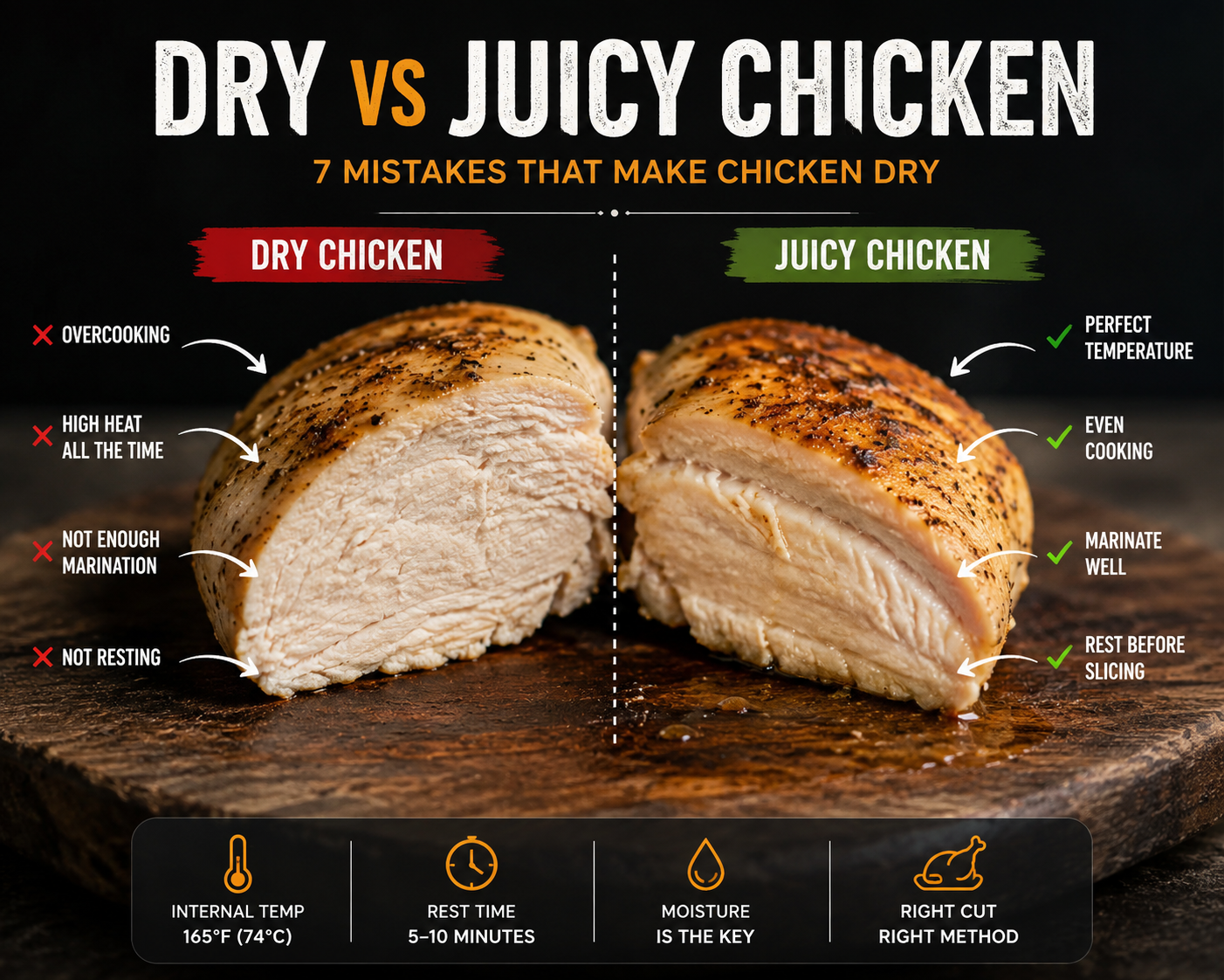 Dry vs juicy chicken showing common cooking mistakes