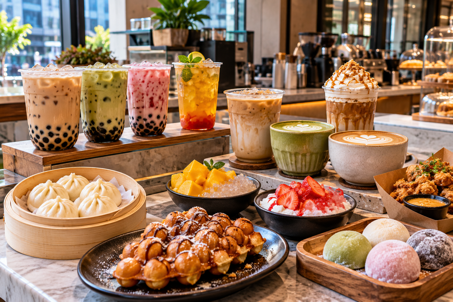 Chinese inspired tea coffee and snacks at a modern American food counter Image Title: