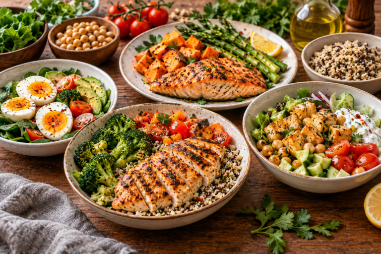 High protein dinner with grilled chicken, salmon, eggs, tofu, vegetables and whole grains
