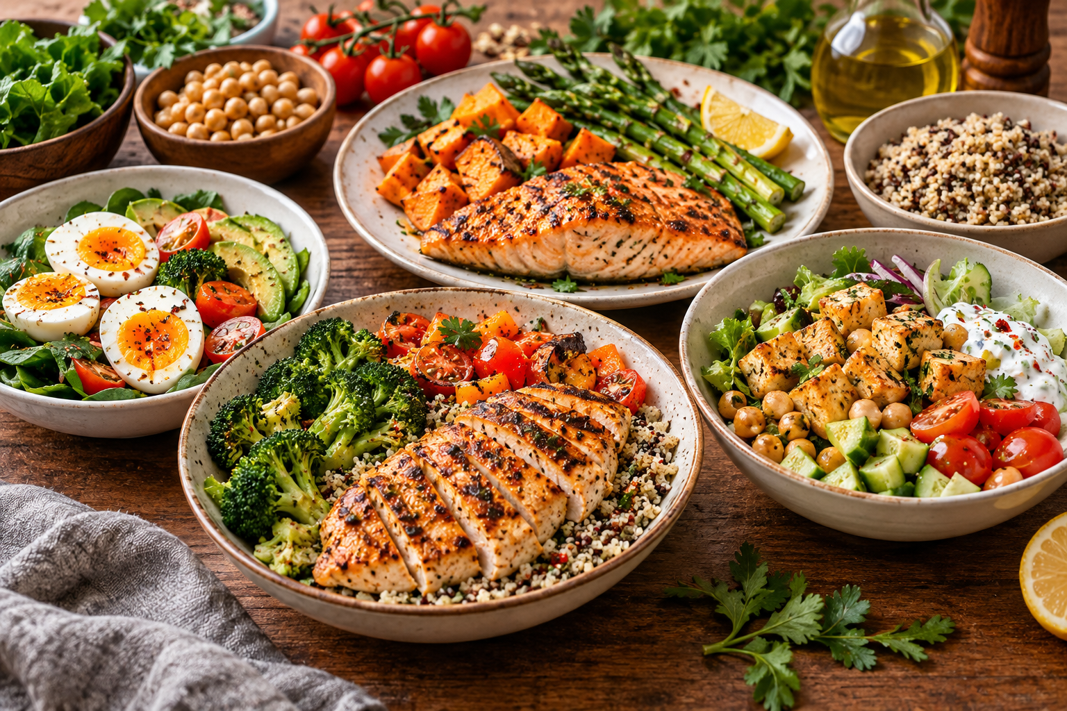 High protein dinner with grilled chicken, salmon, eggs, tofu, vegetables and whole grains
