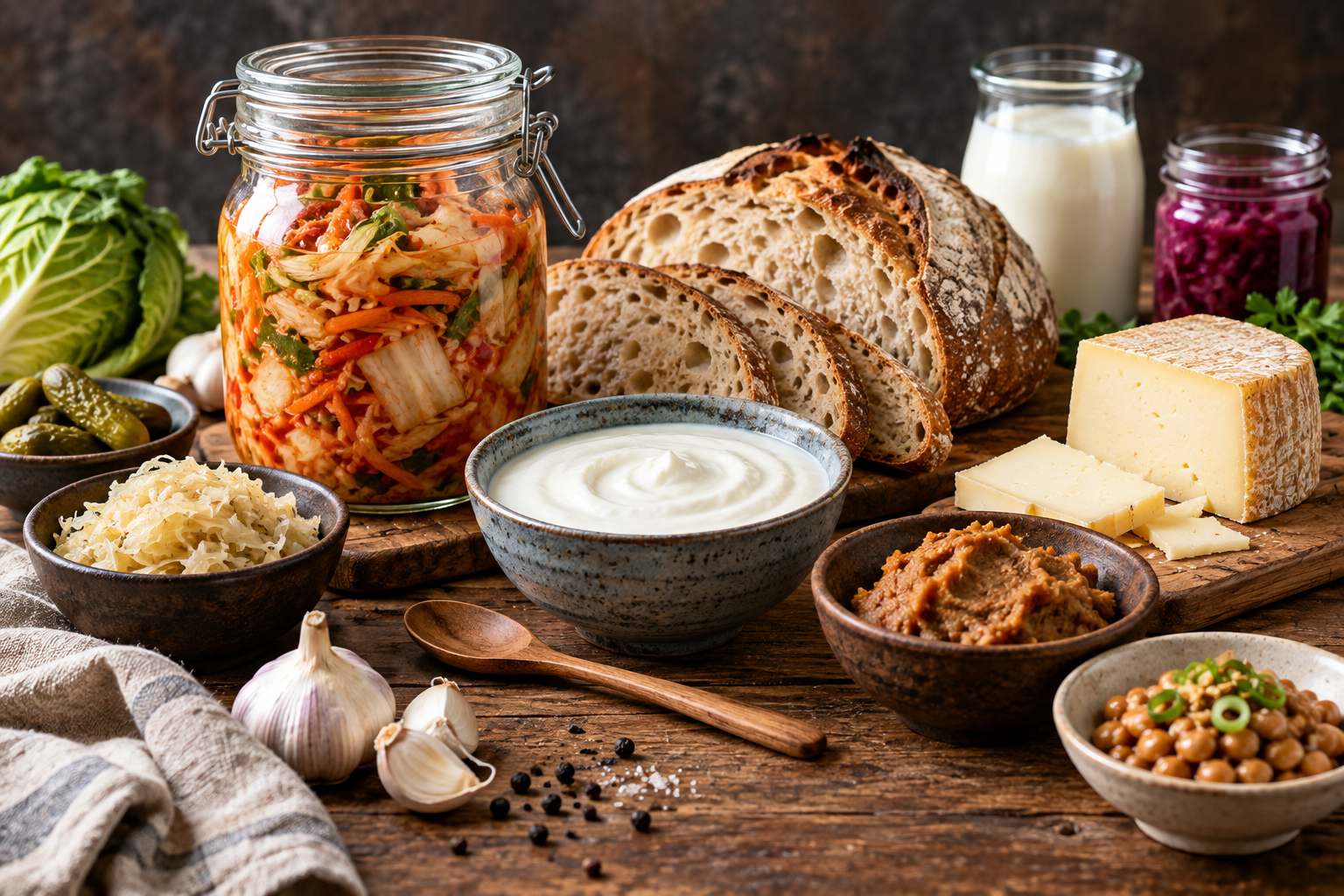 Assortment of fermented foods showing yogurt sourdough vegetables cheese and miso