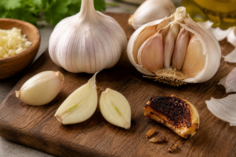 Garlic cloves showing fresh and bitter burnt garlic
