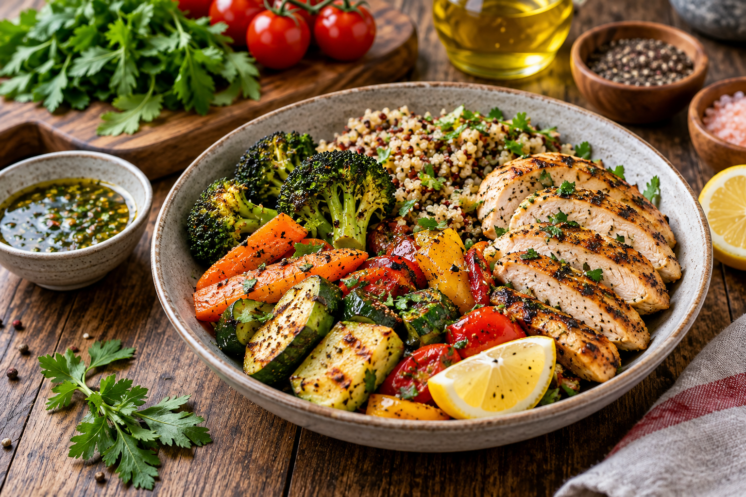 Grilled chicken with roasted vegetables and quinoa in a healthy dinner bowl