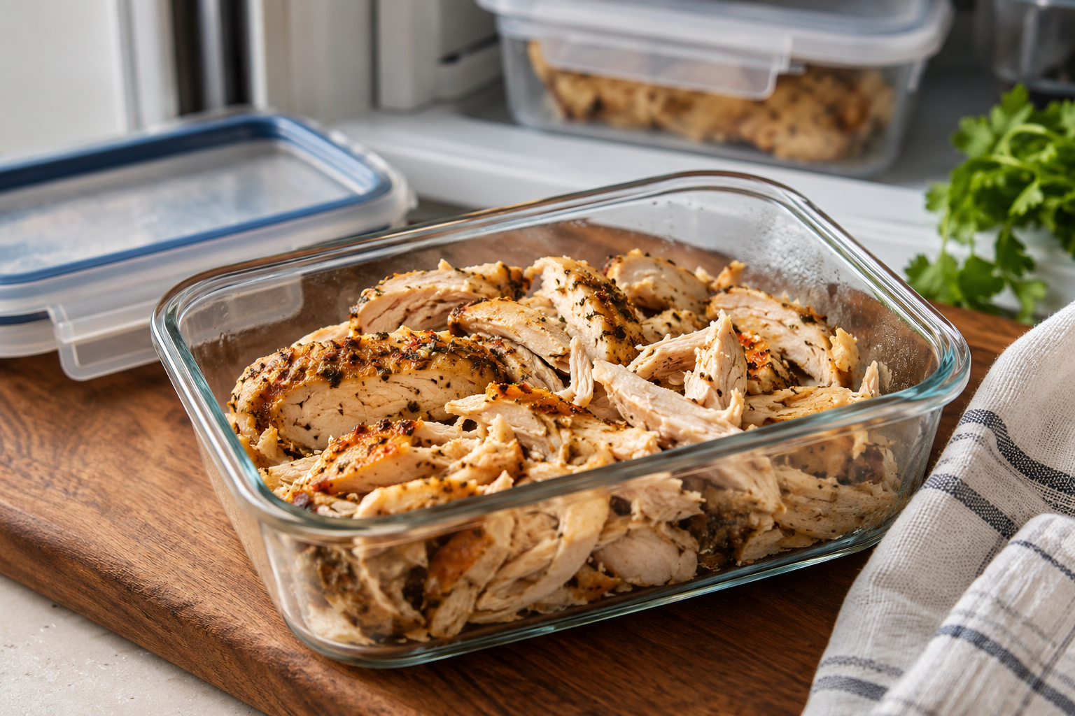 Cooked chicken stored in a glass container in the refrigerator
