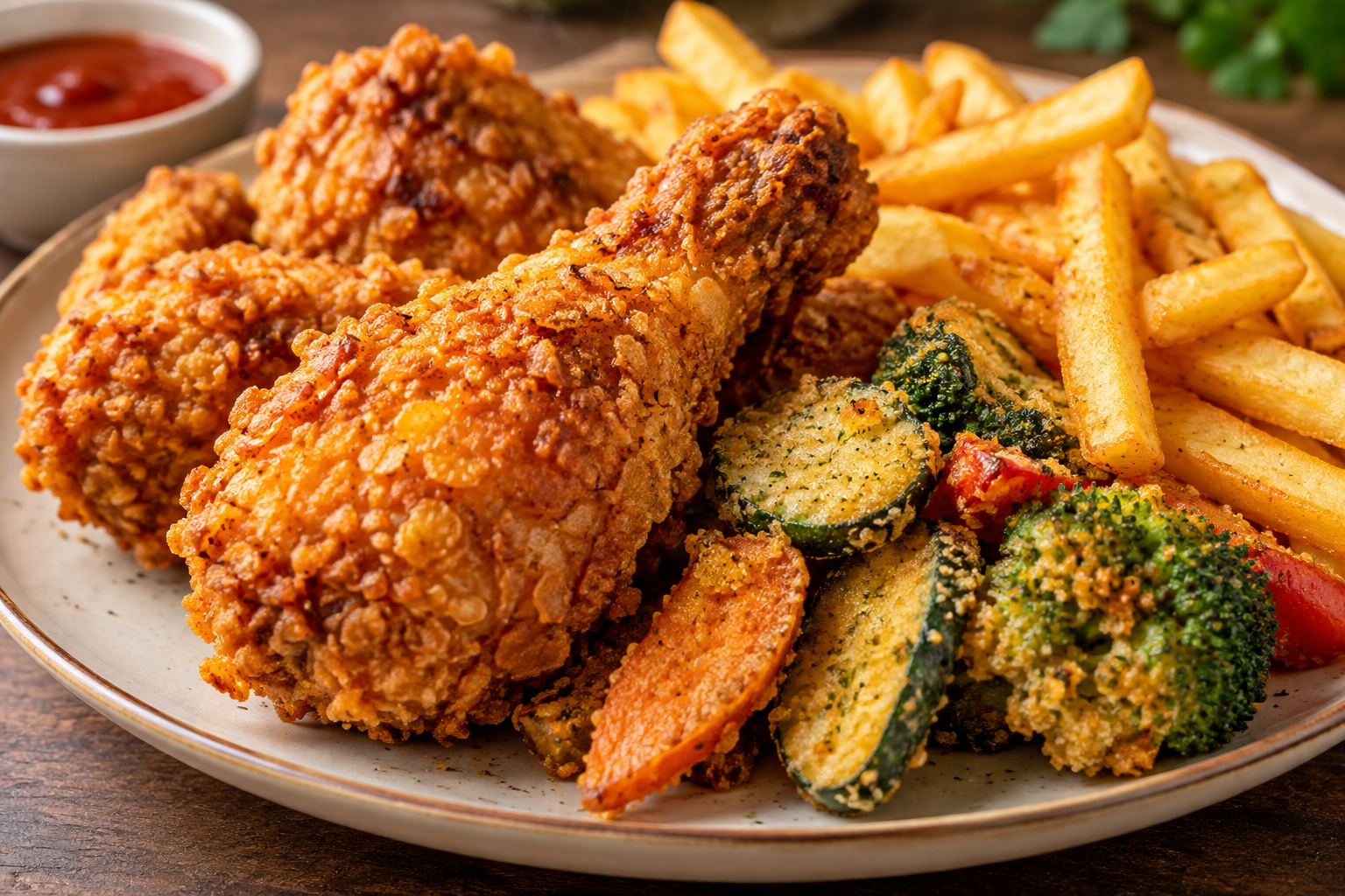 crispy fried chicken and vegetables
