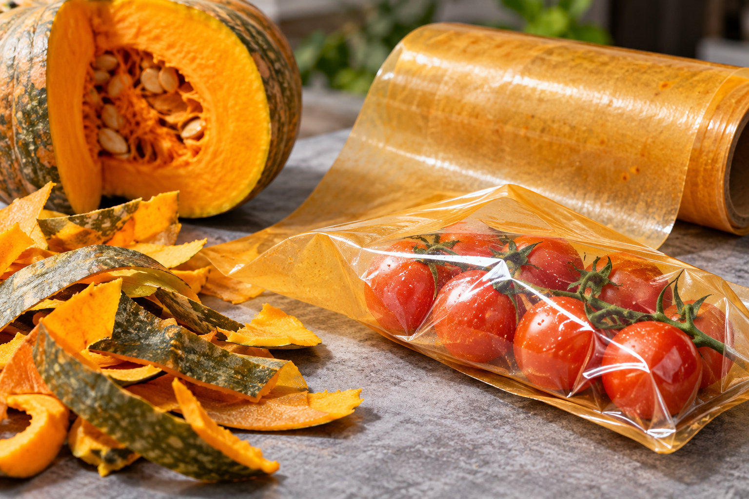 Pumpkin peel packaging protecting cherry tomatoes