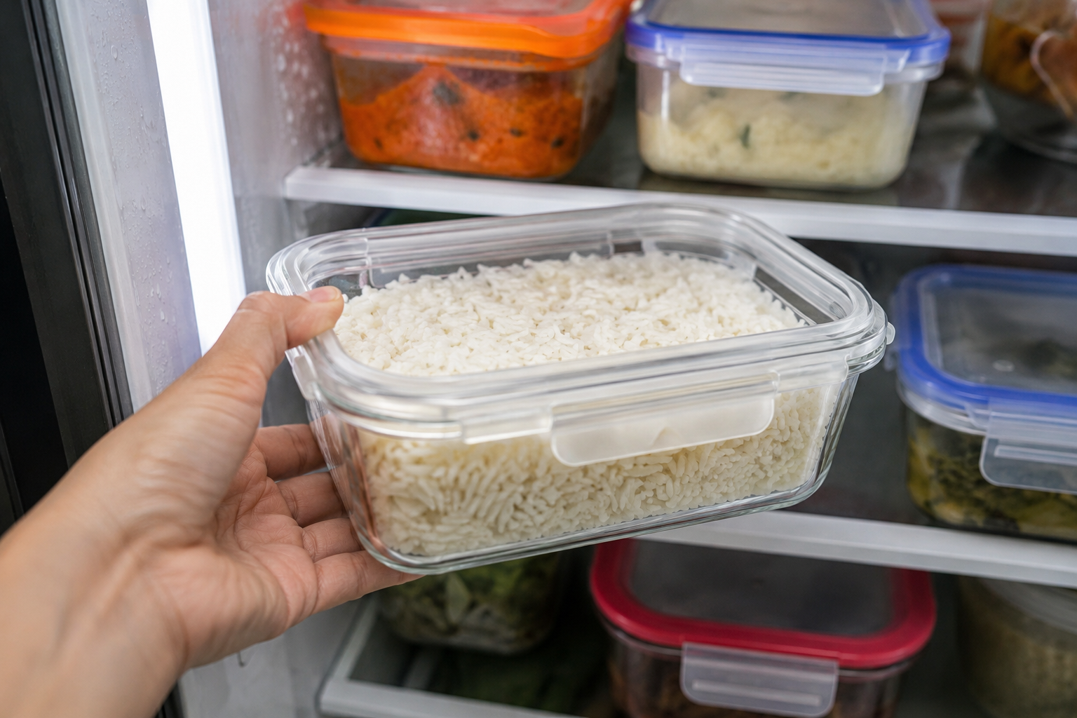 Leftover cooked rice stored safely in a refrigerator
