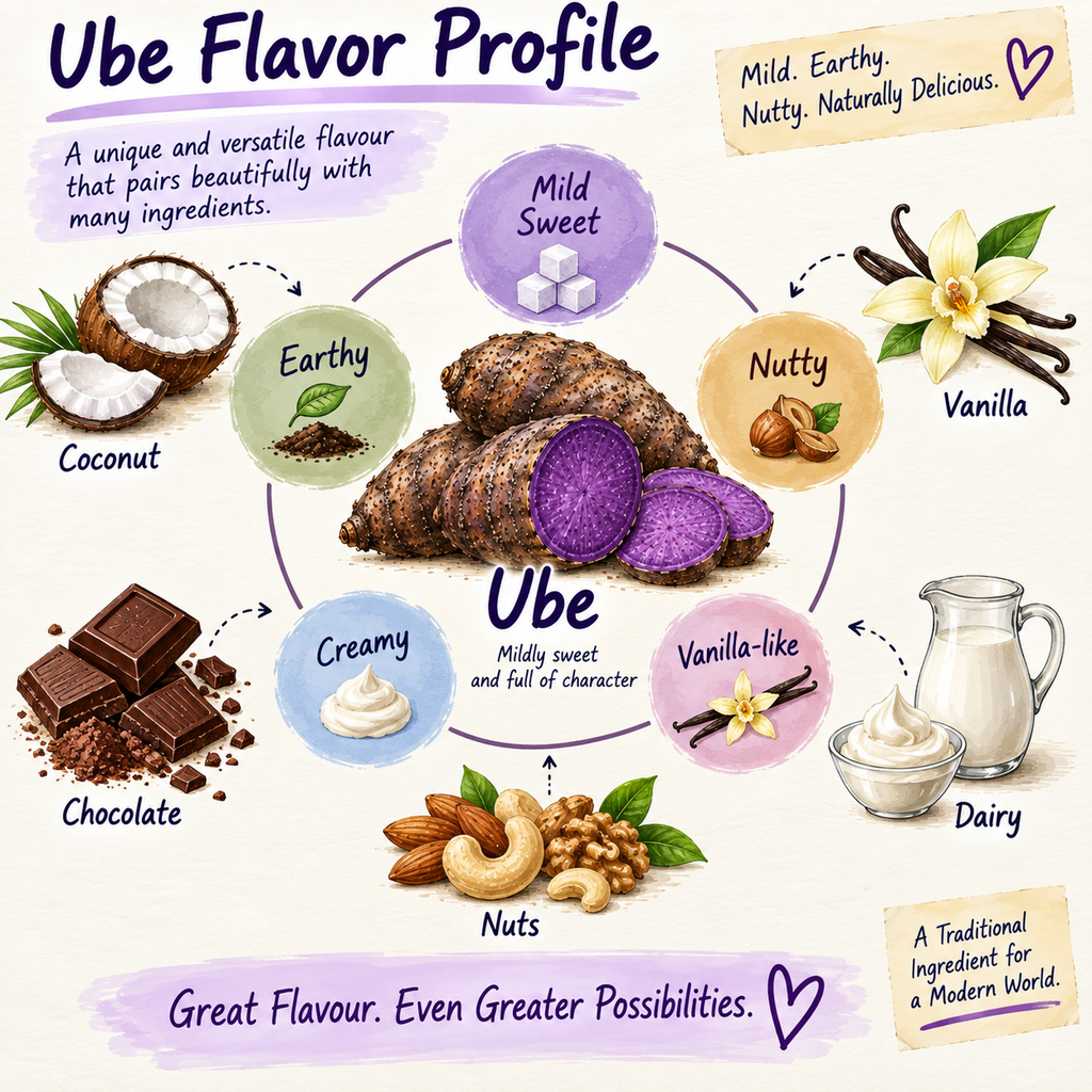 Illustrated ube flavor profile showing sweet earthy nutty creamy and vanilla-like notes