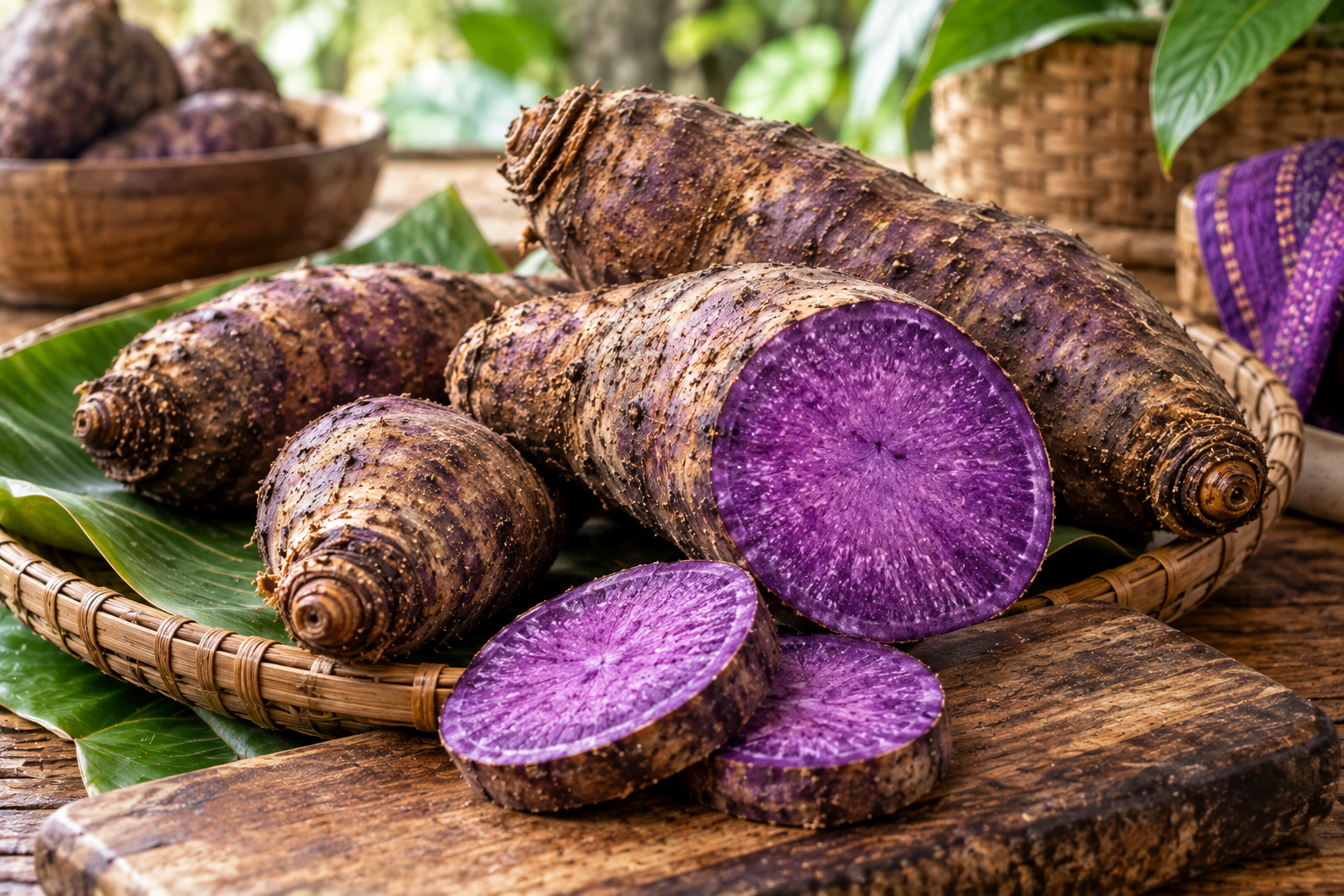 Fresh ube purple yam with vibrant purple flesh