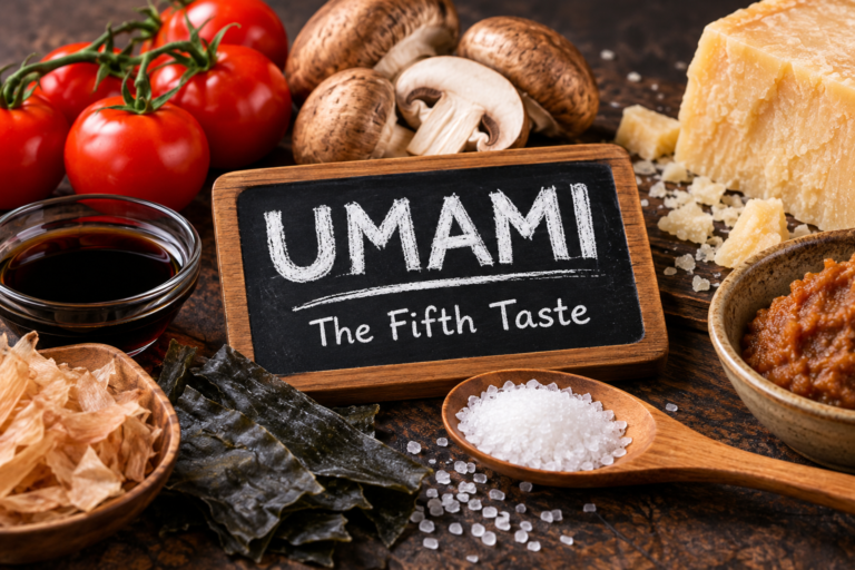 Umami-rich foods including tomatoes mushrooms Parmesan and fermented ingredients