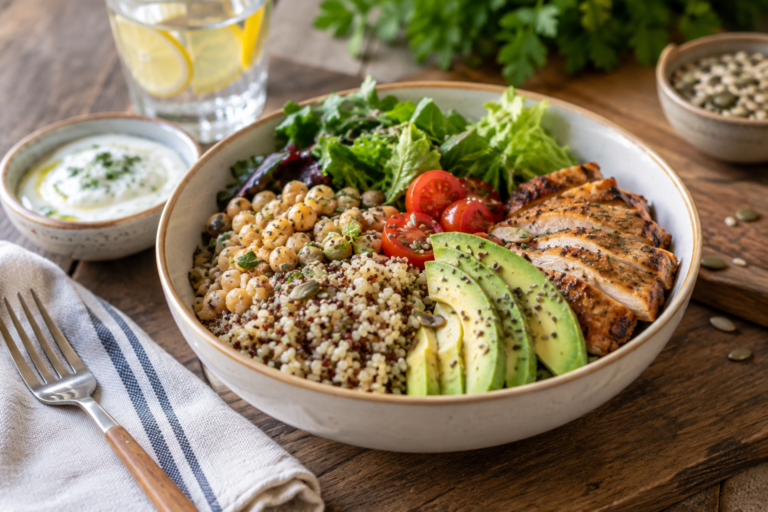 Balanced snack bowl with chicken quinoa vegetables and chickpeas