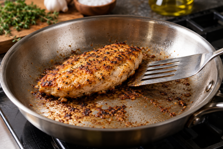 Chicken searing in a stainless steel pan