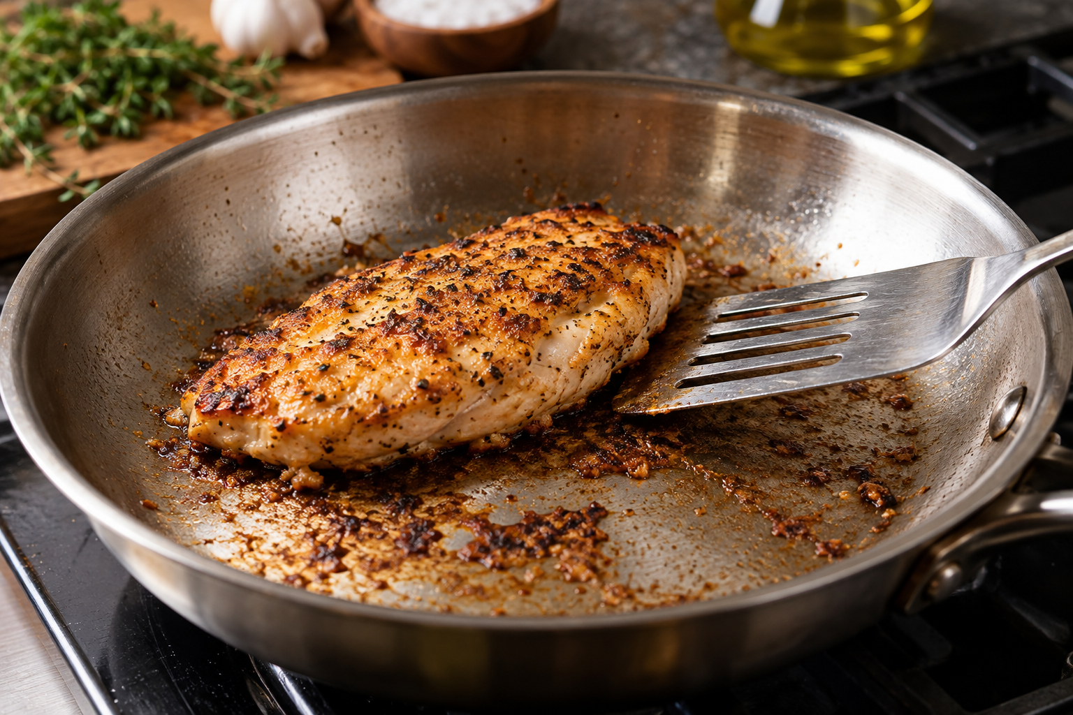 Chicken searing in a stainless steel pan