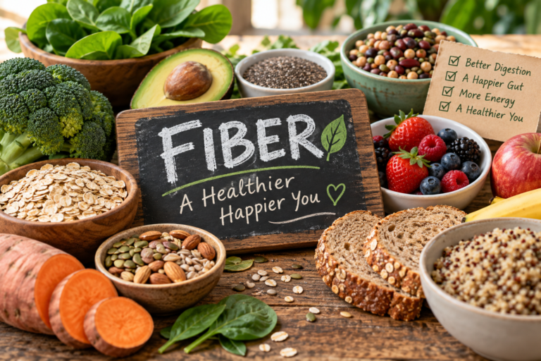 Fiber rich foods including oats, berries, beans, avocado and whole grains