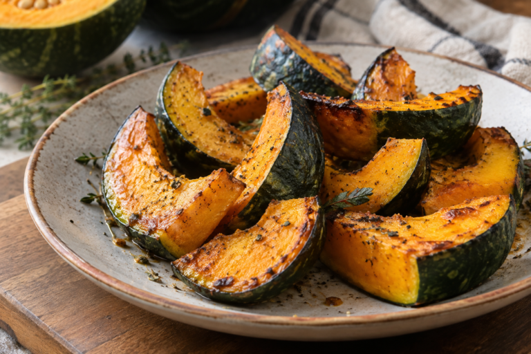 Roasted kabocha squash wedges with caramelized edges