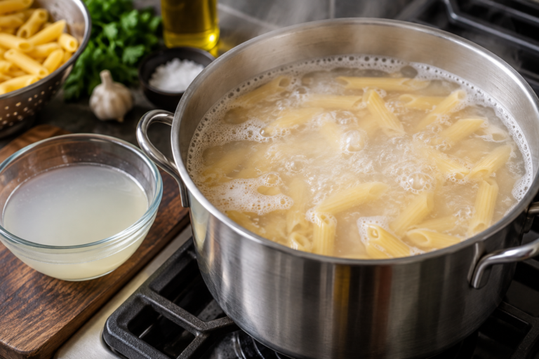 Cloudy pasta water with cooked pasta and reserved starchy water