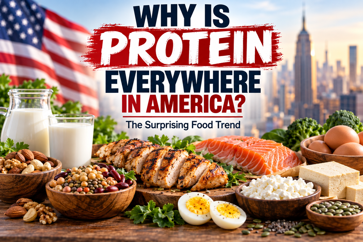 Protein rich foods including chicken, salmon, eggs, dairy, beans, lentils, tofu and nuts in an American food trend