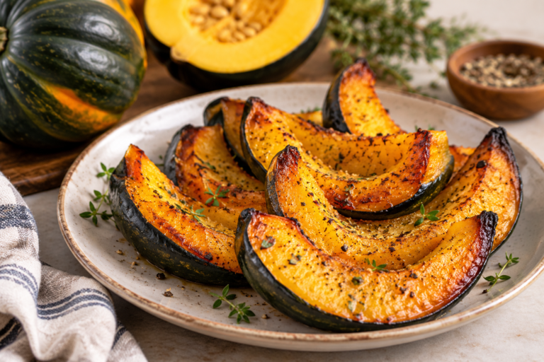 Roasted acorn squash wedges with caramelized edges