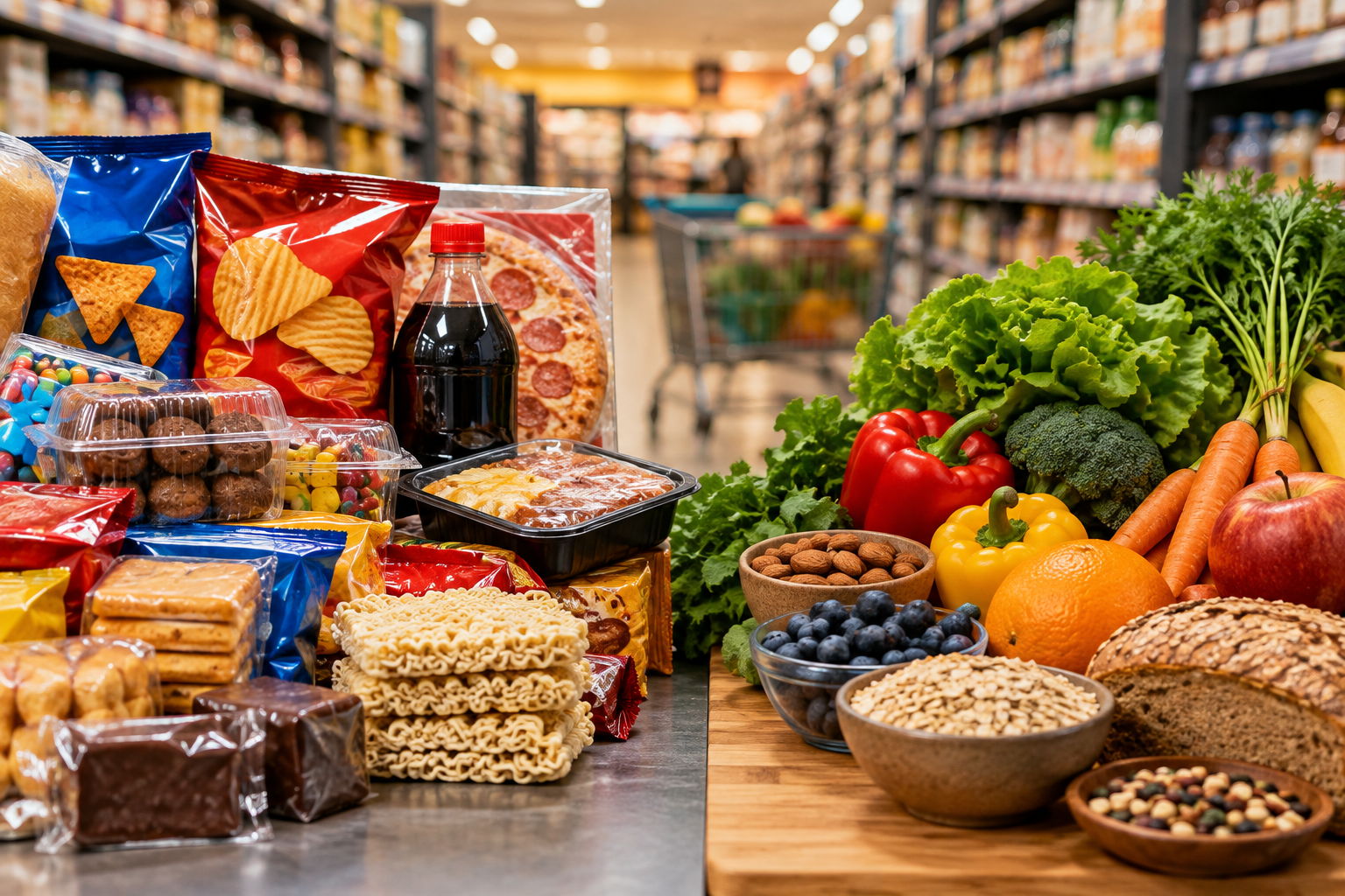 Ultra processed foods and fresh whole foods displayed side by side in a supermarket