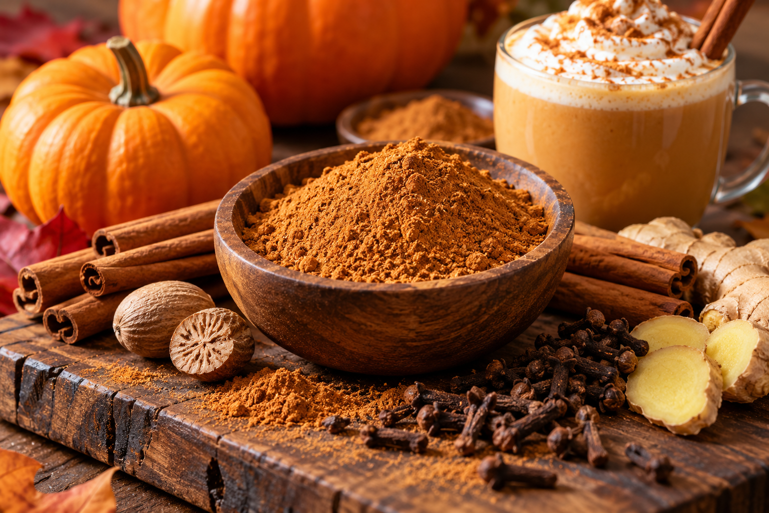 Pumpkin spice blend with cinnamon, nutmeg, cloves and ginger beside a pumpkin spice latte