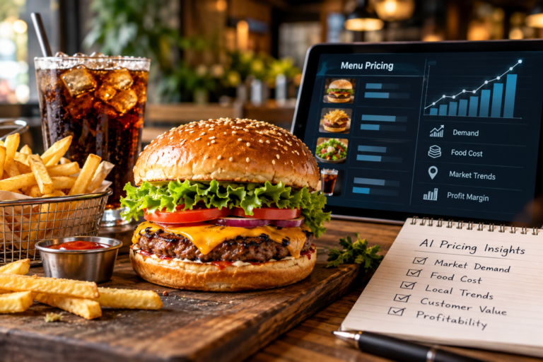 AI-powered restaurant menu pricing with a burger, food cost and demand analytics