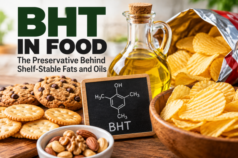 BHT in food with cooking oil, packaged snacks and BHT antioxidant structure