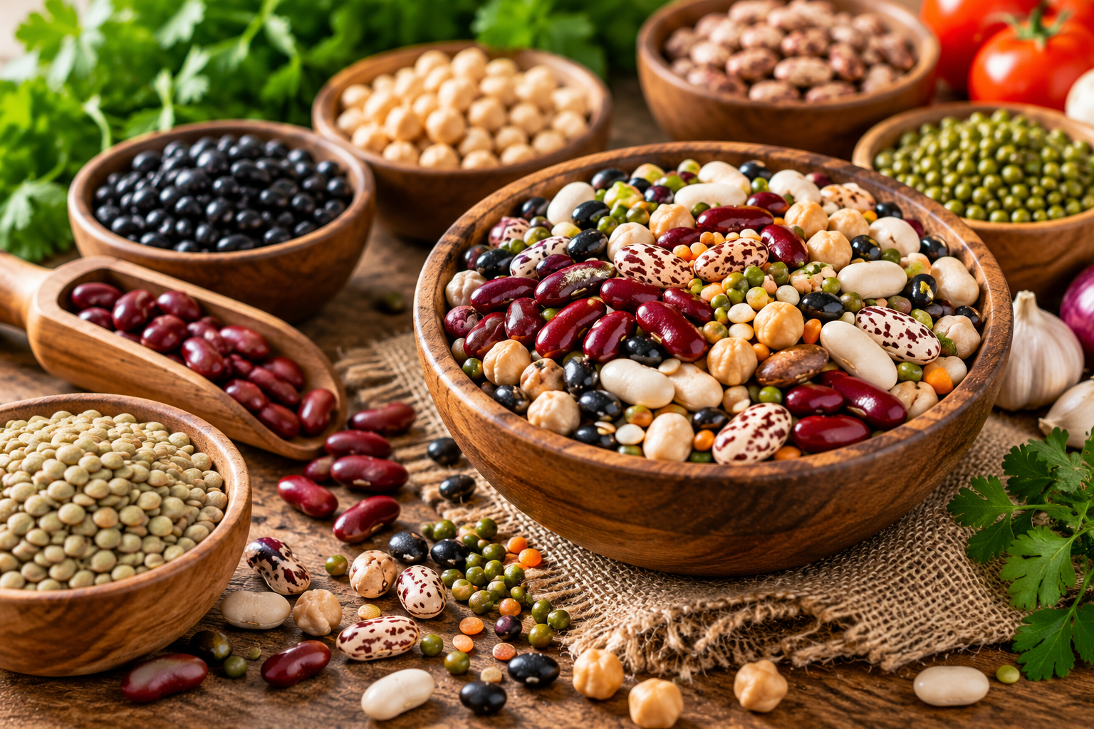 Assorted beans in a wooden bowl highlighting plant-based protein, dietary fiber, cooking science, and food safety.