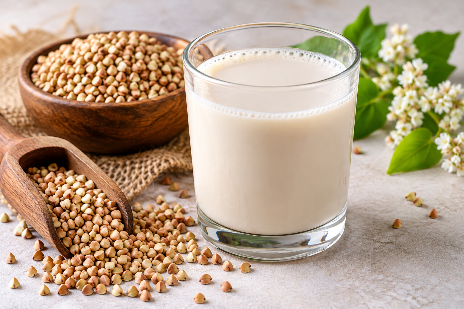 Glass of buckwheat milk with raw buckwheat groats in wooden bowls