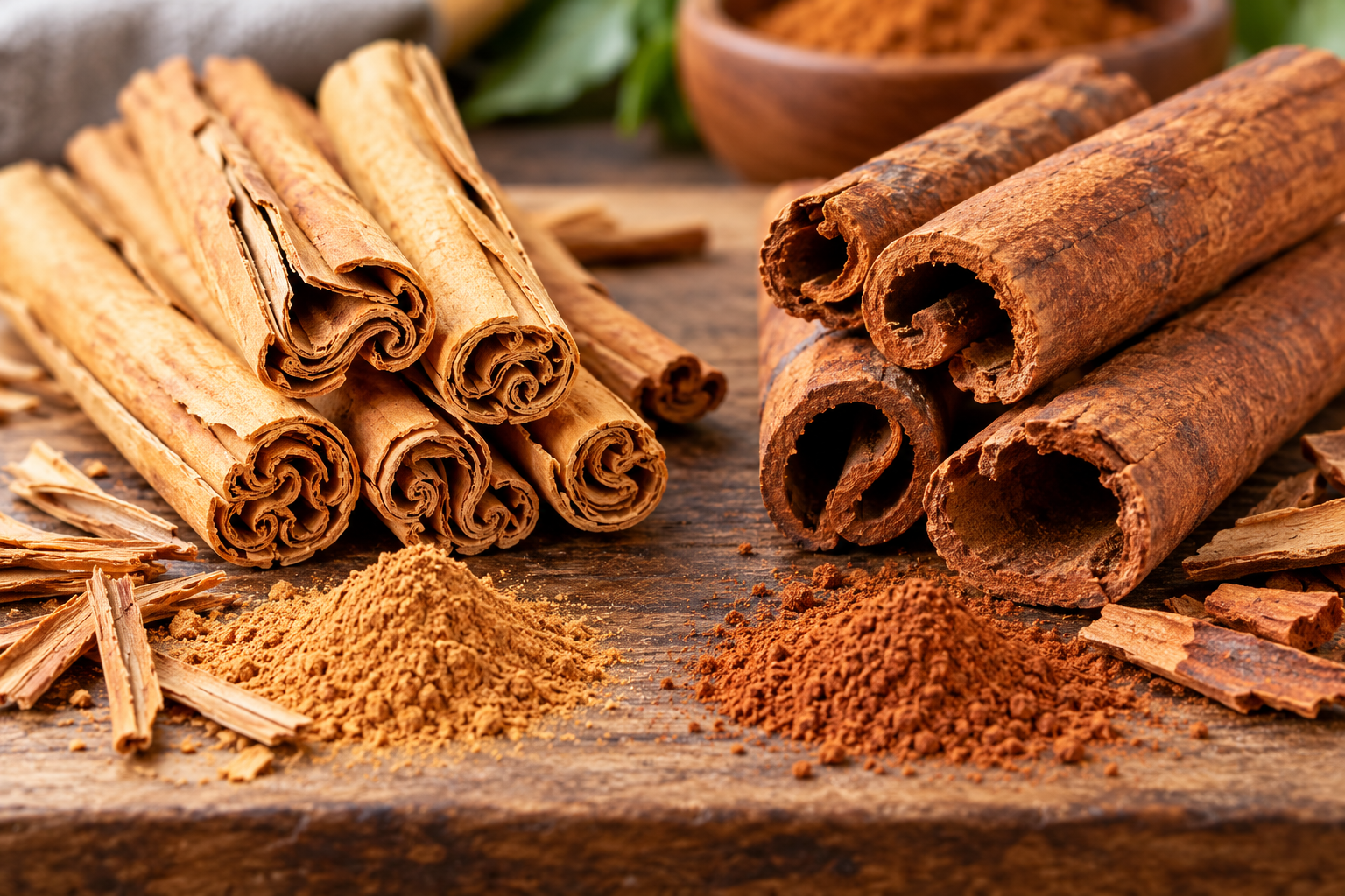 Ceylon cinnamon sticks with thin, layered bark beside thicker cassia cinnamon sticks